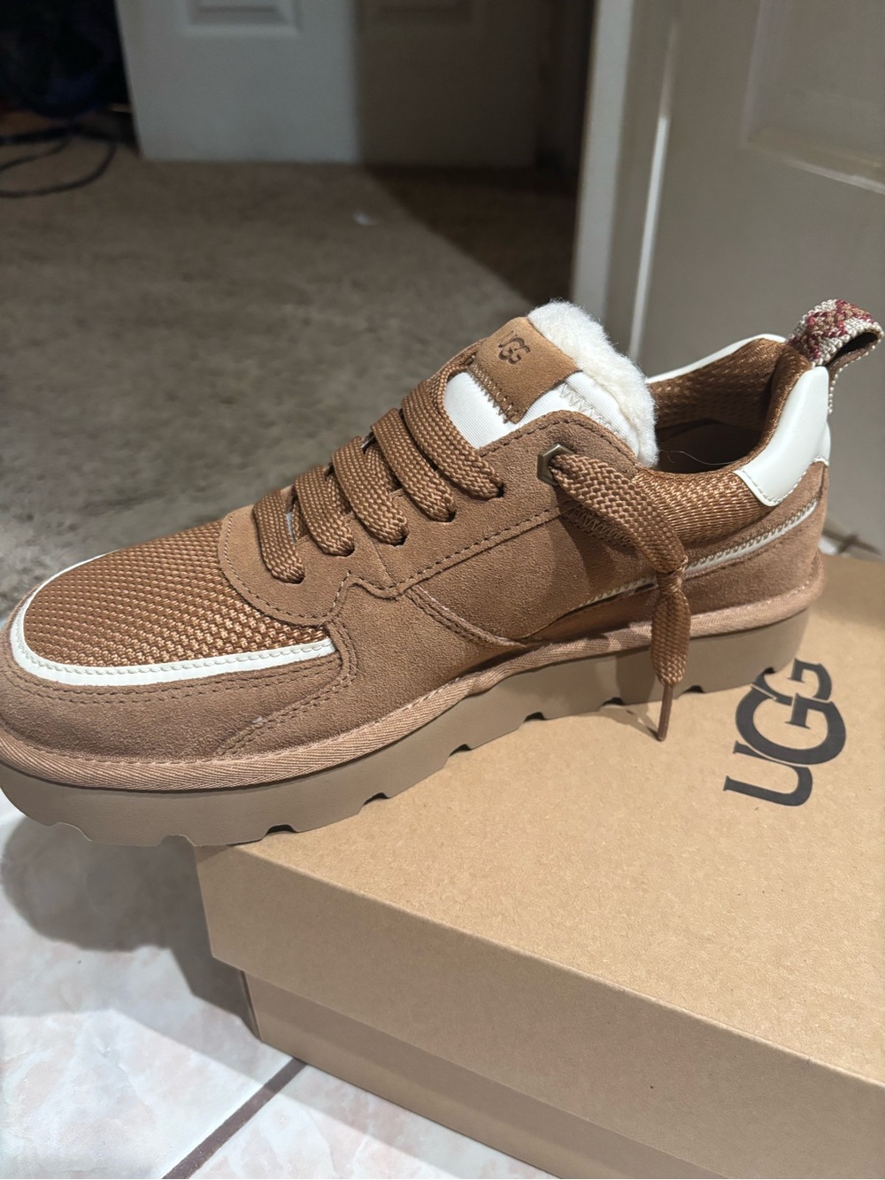 UGG Women’s Chestnut/Tan Suede & Mesh Sneaker with Shearling Collar